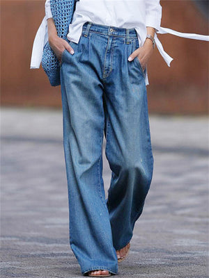 Ladies High Waisted Wide Leg Washed Blue Jeans