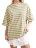 Casual Contrast Color Stripes Round Neck T-shirt for Women