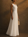 Women White Sleeveless V Neck Pleated Evening Maxi Gown Dress