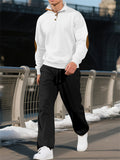 Men's Casual Solid Color Pit Stripe Drawstring Stand Collar Sweatshirts & Sweatpants Outfit