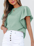 Women's Round Neck Solid Color Striped Lotus Sleeve Shirts