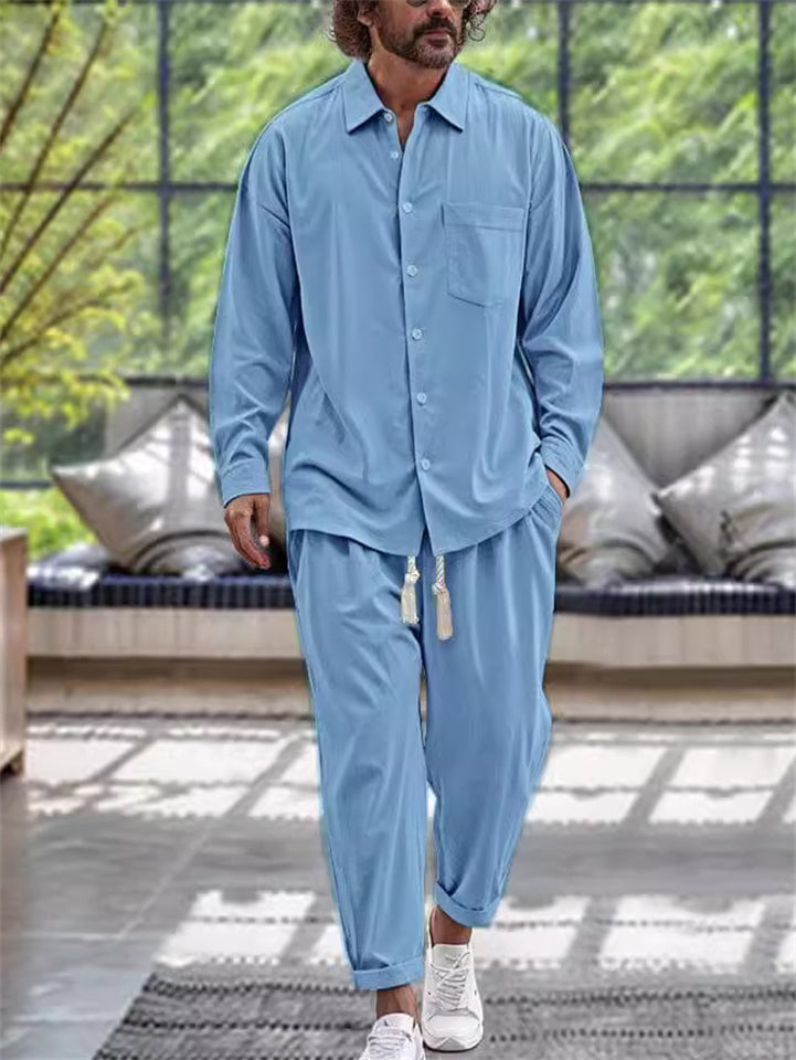 Men's 2 Pcs Casual  Solid Color Long Sleeve Lapel Top & Pants Set