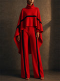 Women's Elegant Turtleneck Raglan Sleeves Color Block Cape and Pants Set