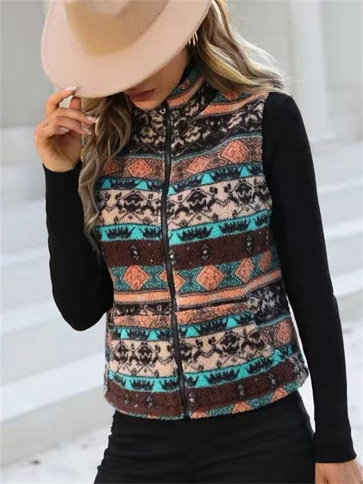 Women's Autumn Ethnic Style Printed Zip Up Cardigan Vest Jackets