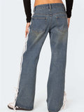 Women's Retro Mid Waist Side Stripe Straight Denim Pants
