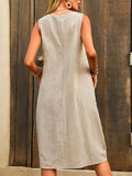 Cotton Linen Sleeveless Loose U Neck Dress for Women