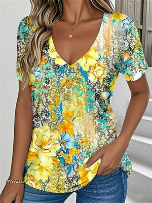Women's Casual Floral Printed Contrast Color V Neck Short Sleeve T-Shirt