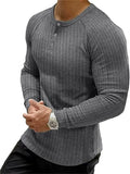 Men's Long Sleeve Elastic Henley Neck Ribbed Knit Shirts