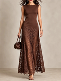 Women Chocolate Brown Sleeveless Lace Formal Evening Dress