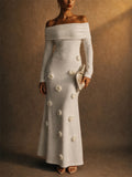 Womens White Off Shoulder 3D Floral Long Sleeve Maxi Dress
