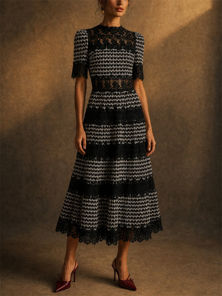 Women Elegant Black White Lace Tiered Midi Evening Dress