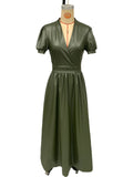 Women's Green Solid Color Elegant French Style V Neck Big Hem Dress