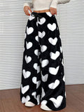 W‌inter Fleece Leopard Heart Print High Waist Wide Leg Women Casual Pants‌