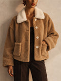 Women Stylish Button Down Faux Fur Collar Pockets Teddy Jacket