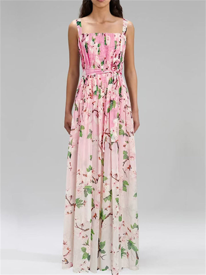 Summer Floral Print Sleeveless Square Neck Strappy Maxi Dress for Women