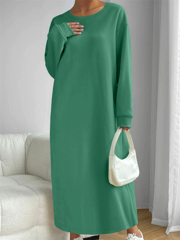 Women's Autumn Solid Color Simple Round Neck Long Sweatshirts Dress