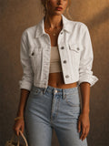 Women Chest Pocket Cropped Denim Jacket Trendy Short Coat