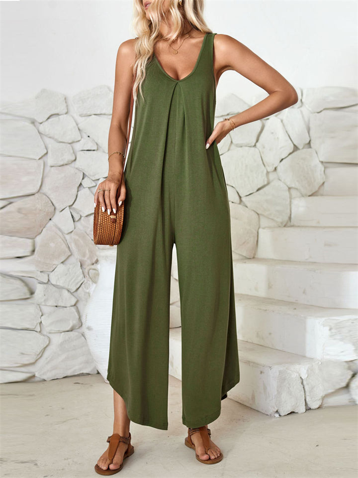 Women's Summer Casual Solid Color V Neck Overall Jumpsuits