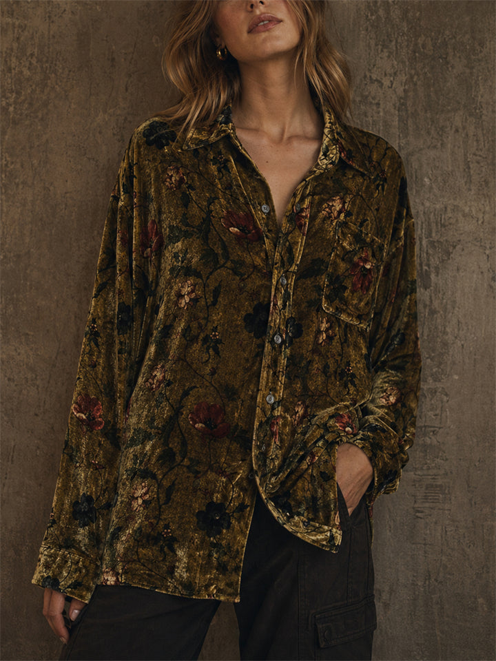 Women's Vintage Floral Print Velvet Oversized Button Down Shirt