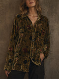 Women's Vintage Floral Print Velvet Oversized Button Down Shirt