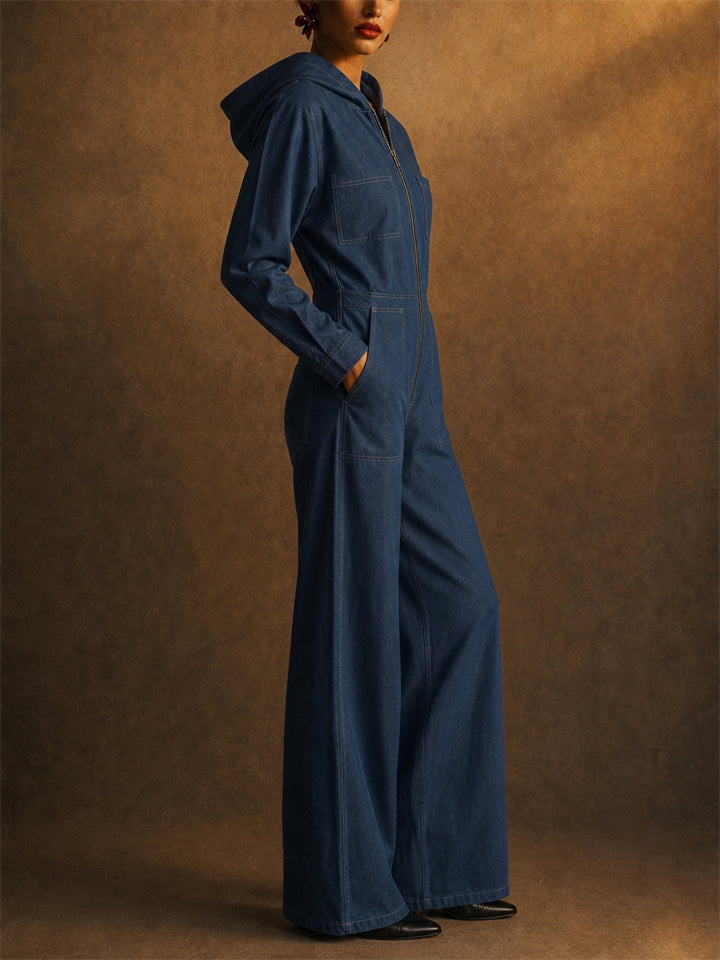 Women Long Sleeve Zip Front Wide Leg Hooded Denim Jumpsuit