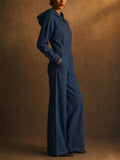Women Long Sleeve Zip Front Wide Leg Hooded Denim Jumpsuit