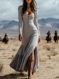 ‌Sexy Boho Chic Long Sleeve Button Front Maxi Dress for Women‌
