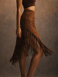 Women Brown Faux Suede Asymmetrical Boho Fringe Skirt