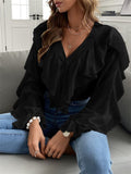 Women's Vintage Printed V Neck Ruffle Elegant Chiffon Shirt