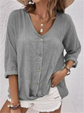 Casual Solid Color Loose Button Up V Neck Blouses for Women