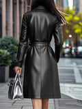 Women's Trendy Autumn Faux Leather All Black Double Breasted Lapel Coat