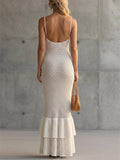 Women's White Crochet Knit Ruffle Backless Beach Mermaid Maxi Dress