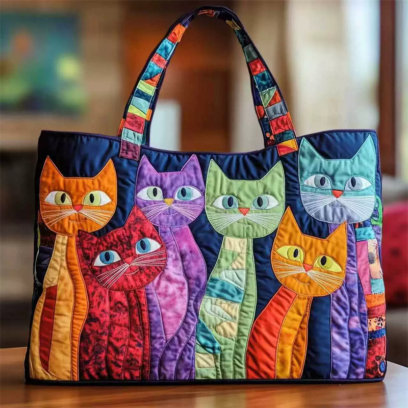 Quilted Cute Colorful Cartoon Cats Print Tote Bag