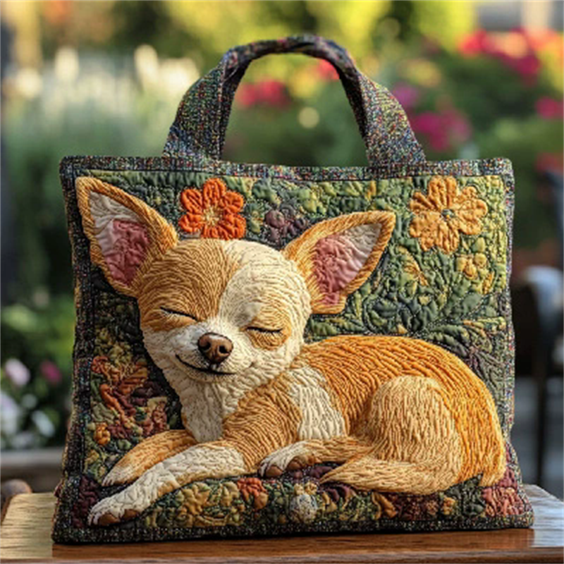 Cute Sleeping Chihuahua Dog Floral Quilted Tote Bag