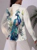 Women's Elegant Peacock Printed Lapel Long Sleeve Blouses