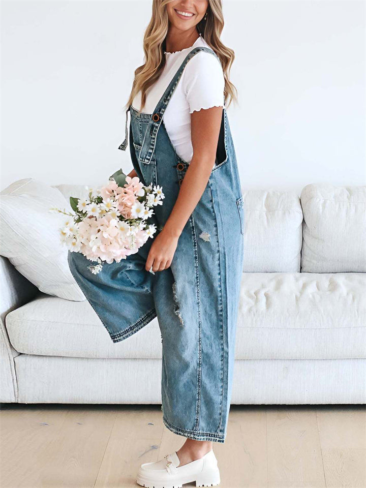 Female ClassicCasual Solid Color Ripped Denim Overall Jumpsuits