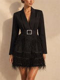 Women Black Feather Trim Party Blazer Dress with Rhinestone Belt