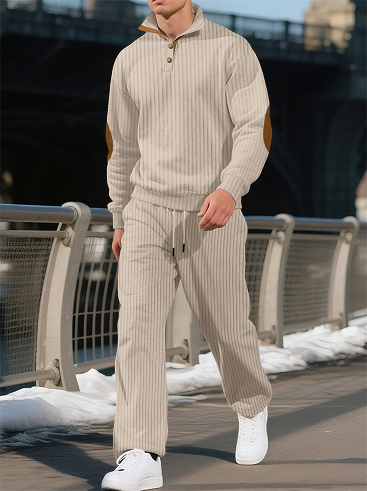 Men's Casual Solid Color Pit Stripe Drawstring Stand Collar Sweatshirts & Sweatpants Outfit
