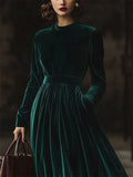 ‌Autumn Green Velvet Round Neck High Waist Long Dress for Women