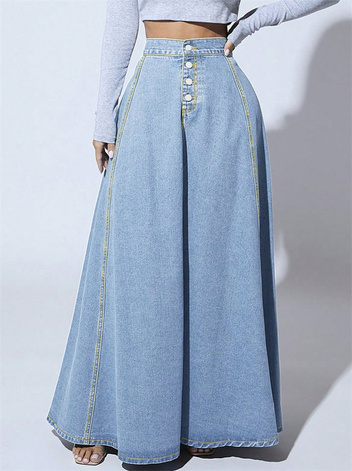 Women's Single-breasted  A-Line Big Hem Denim Skirts
