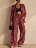 Women 2 Piece Button Down Striped Shirt and Wide Leg Pants Set