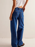 Female Loose Washed Button Trim Jeans with Pockets