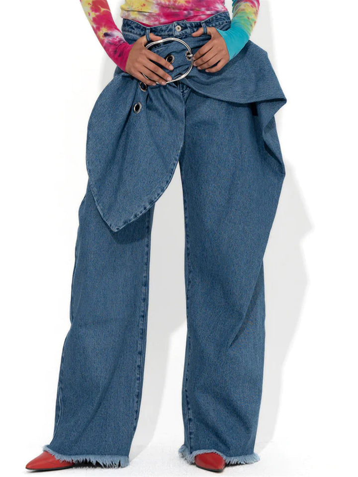 Korean Style Women's Patchwork Belted Wide Leg Denim Pants