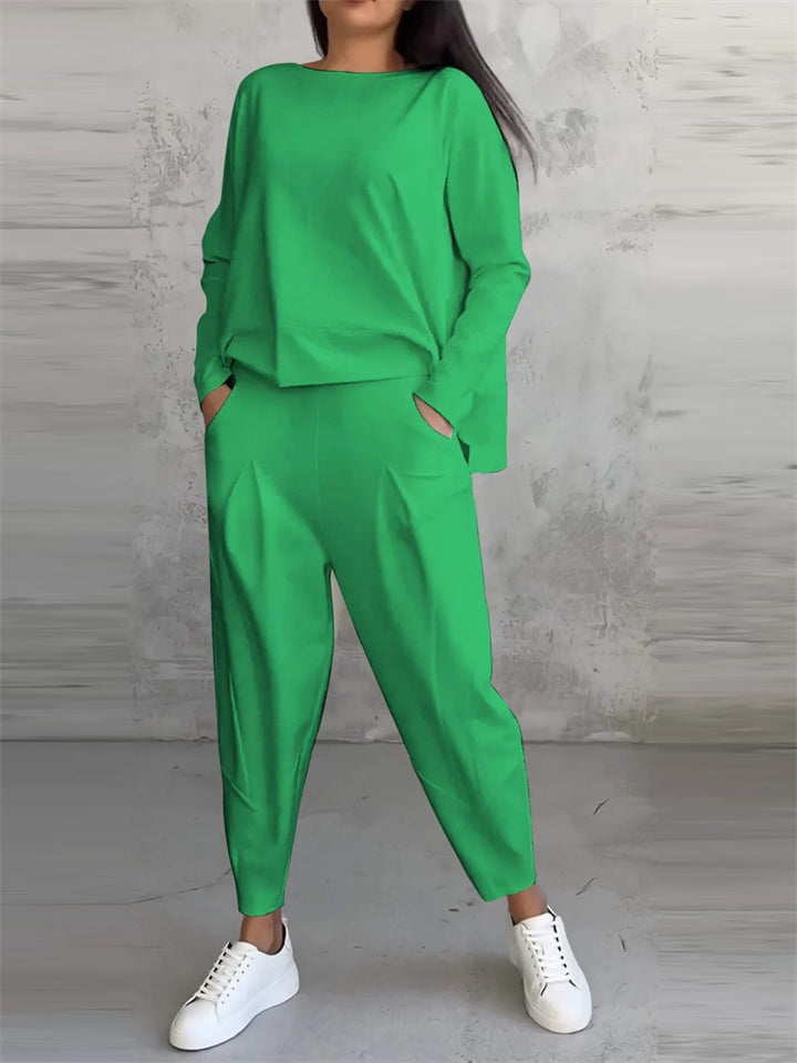 Women's 2Pcs Solid Color Sabrina Neck  Long Sleeve Top & Pockets Pants Set