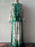 Women's 2Pcs Flowers Print Zip Up Drawstring Long Sleeve Shirt & Pants Set
