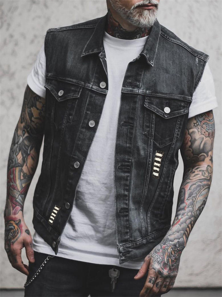 Men's Rock Biker Denim Vest with Hell Rider Print