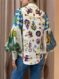 Women's Elegant Vintage Print Puff Sleeve Button Up Blouse