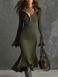 ‌Women's Sexy Zipper Long Sleeve Ruched Hem Knit Dress‌