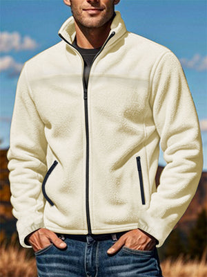 Men's Simple Casual Solid Color Zipper Stand Collar Fleece Coats