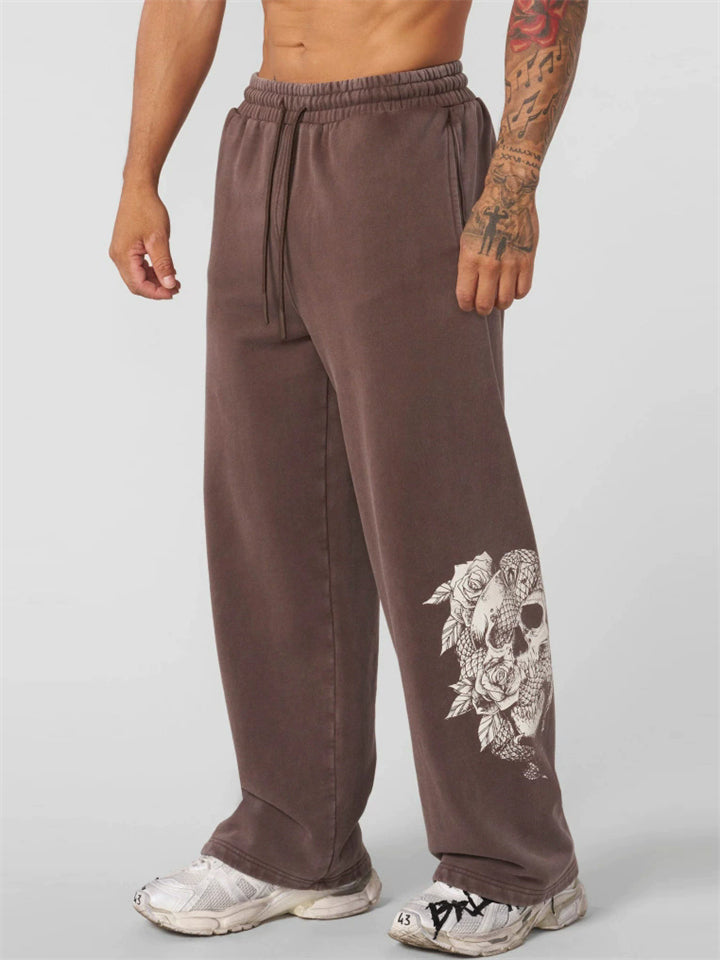 Men's Causal Printed Elastic Waist Drawstring Sporty Wide Leg Trousers